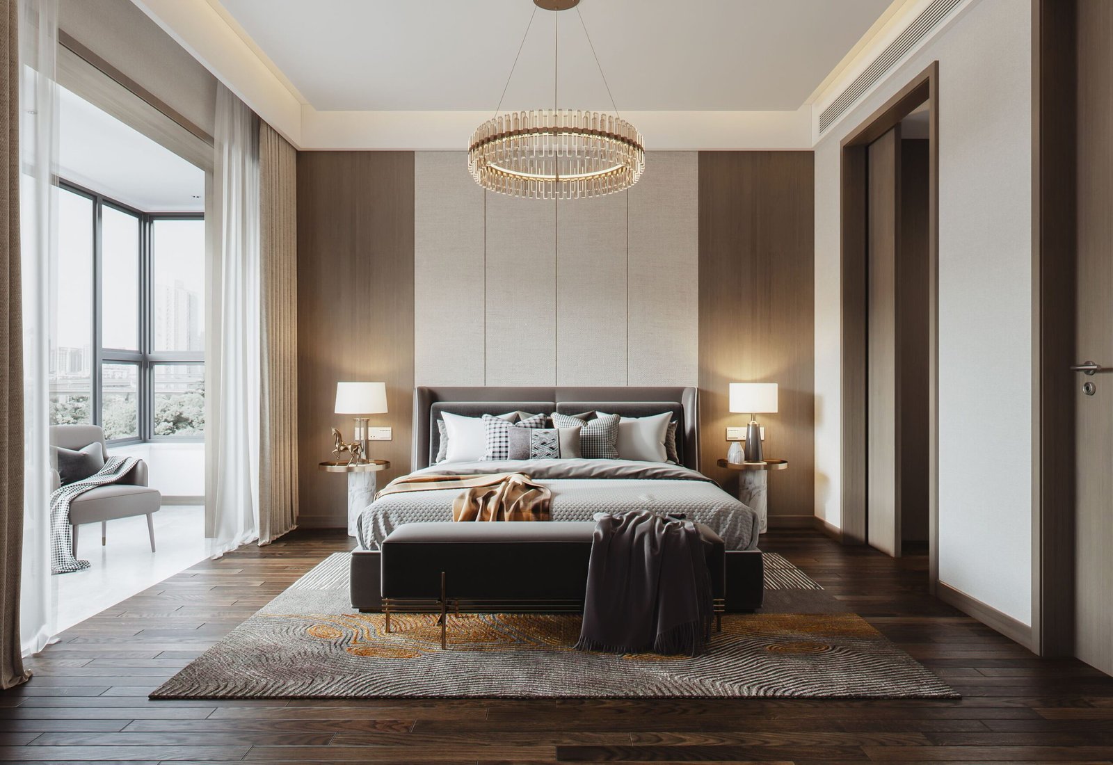 A layered bed in an elegant light-filled bedroom