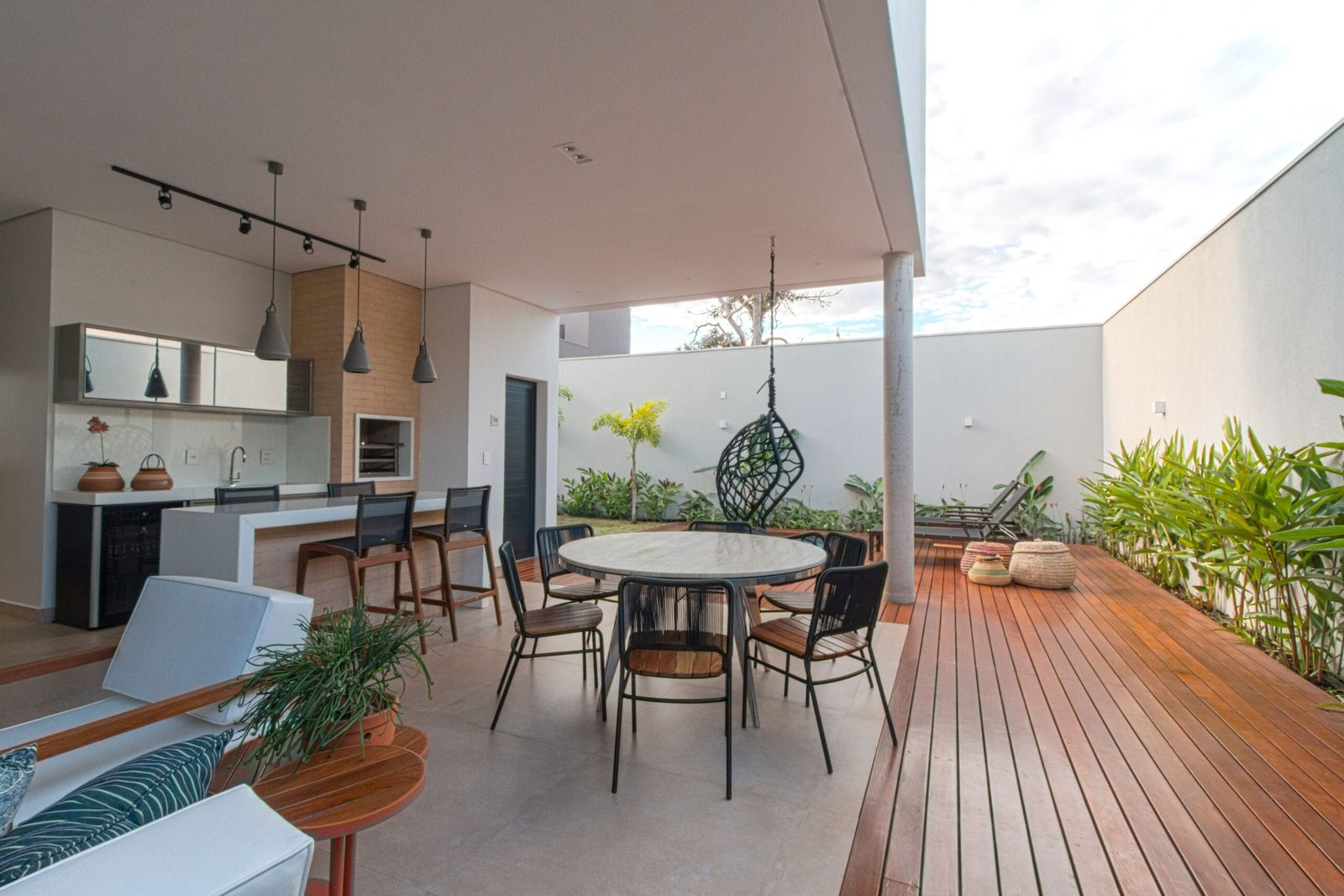 An inviting outdoor dining space with natural materials