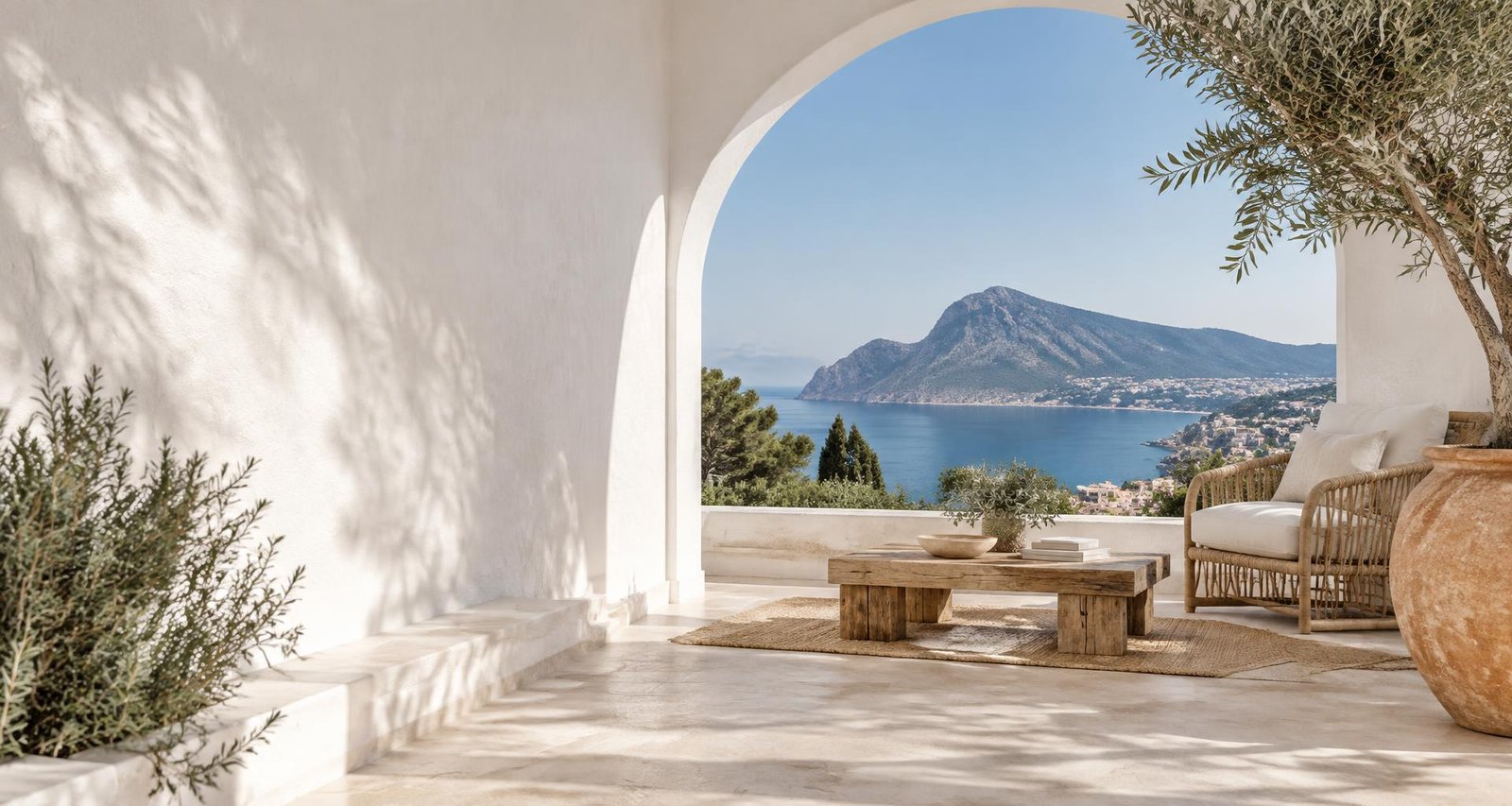A whitewashed Altea-inspired villa terrace opening onto the Mediterranean sea