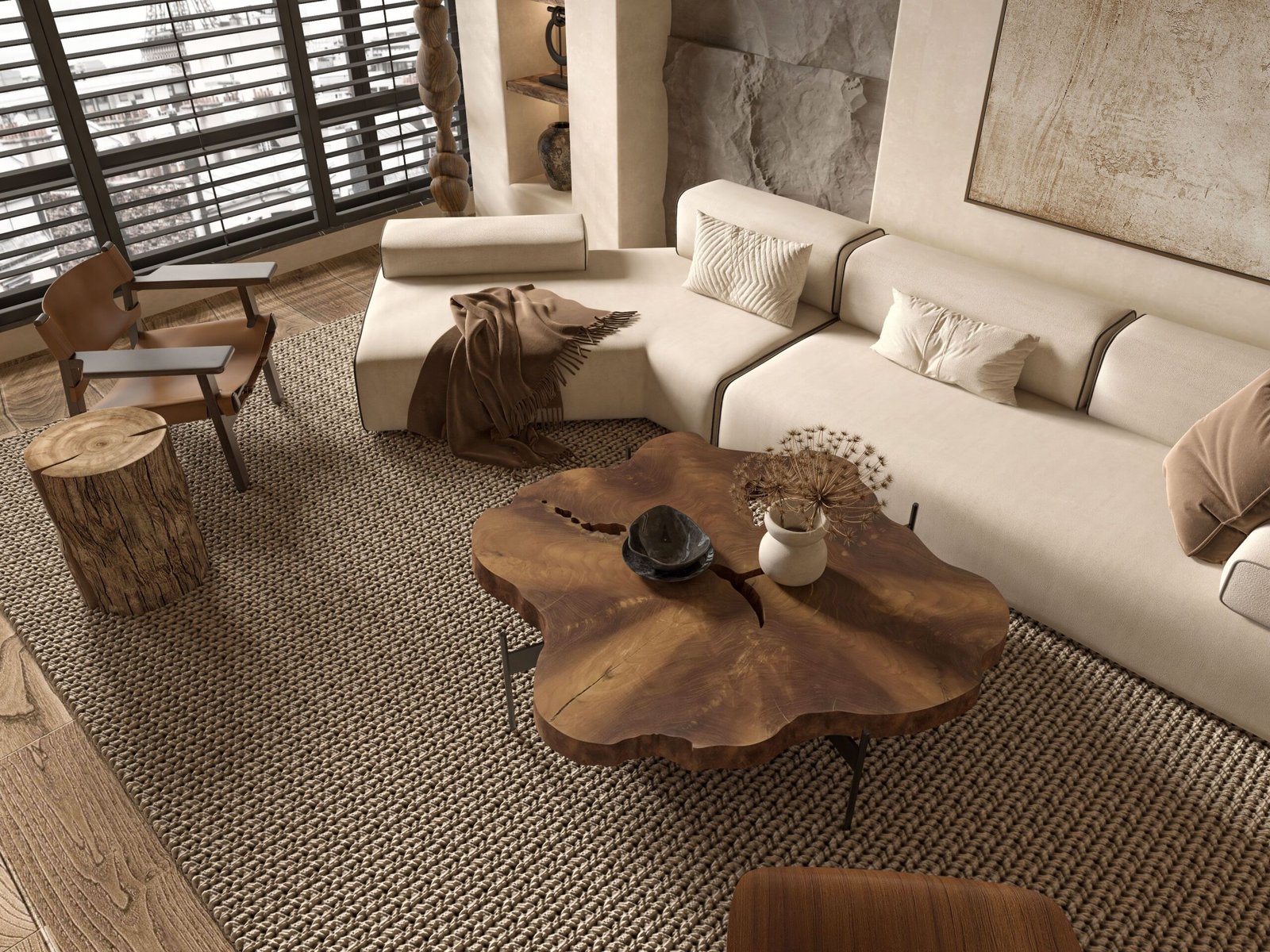 A thoughtfully furnished living room with woven accents